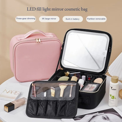 Cosmetic bag with LED light and mirror